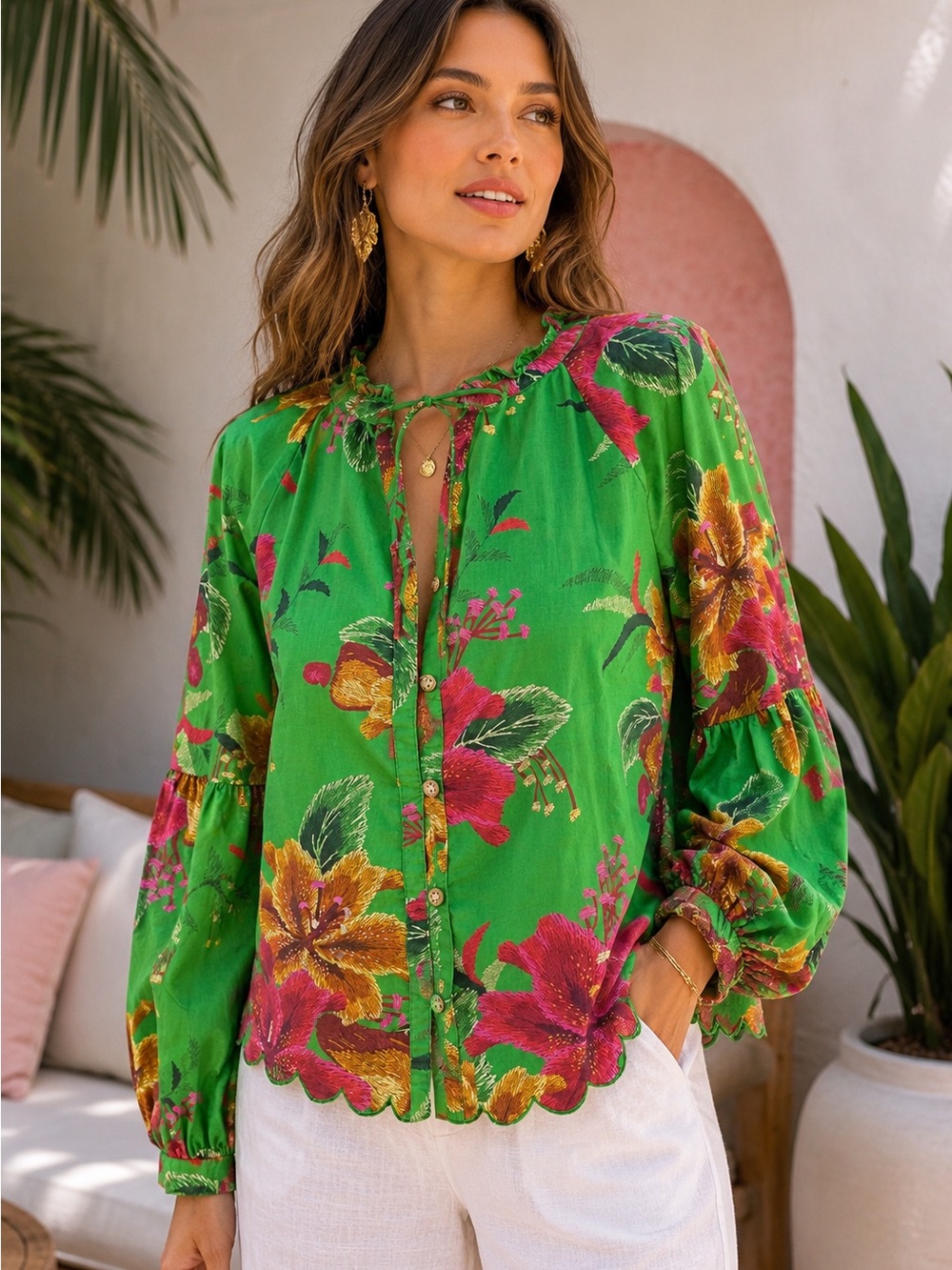 Farm Rio Anthropologie Green Floral Ruffle Balloon Sleeve Blouse XS